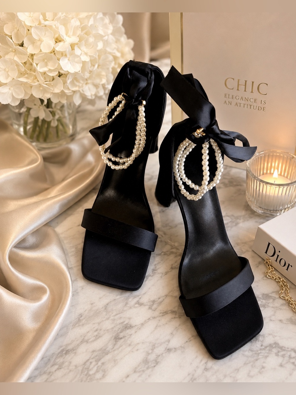 Black Pearl-Embellished Satin Heels - Women's Evening Sandals